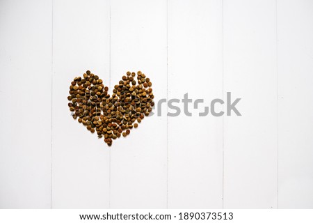 Valentine's day and love of pets concept. Heart shaped pet food on white wooden background