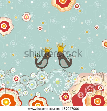 Vector illustration with birds on flowers background.