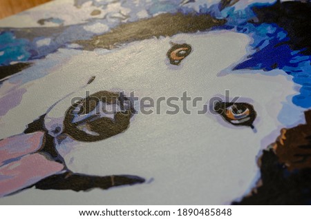 Colorful picture of dog breed husky painted with paint on canvas. Can be printed on shirts, bags, posters, invitations, cards, phone cases, pillows. Painting, art, creativity.