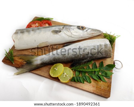 Fresh raw Barracuda Fish (cheelavu) head and body decorated with herbs and vegetables on a White background.Selective Focus. Royalty-Free Stock Photo #1890492361