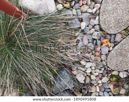 concrete slabs, small pebbles and grass