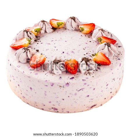 Isolated blackberry sponge cake frosted with cheese cream on the white background