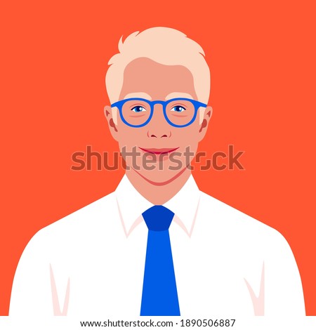 A blond man’s face. An avatar of a happy businessman. A young politician smiles. Vector flat illustration