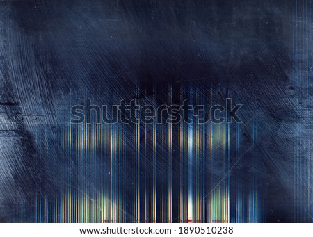 Distressed overlay. Distorted screen. Dark blue stained filter with colorful glitch noise stripes dust scratches pattern. Weathered surface with smeared dirt defect.