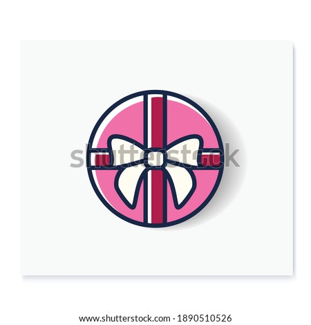 Round present color icon. Gift box with bow ribbon, top view. Holiday congratulation, surprise concept. Holiday offer. Christmas, new year, birthday. Isolated vector illustration