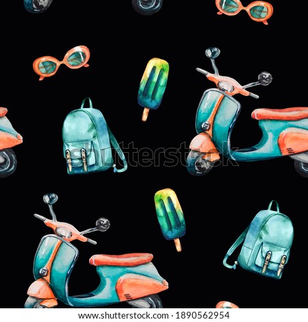 Watercolor hand painted seamless pattern with turquoise vintage scooter, backpack, ice cream and orange sunglasses on black background. Perfect for fabric, wrapping paper or scrapbooking.
