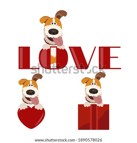 Vector illustration collection portrait cute pug dog with heart for valentine day. Isolated on white.