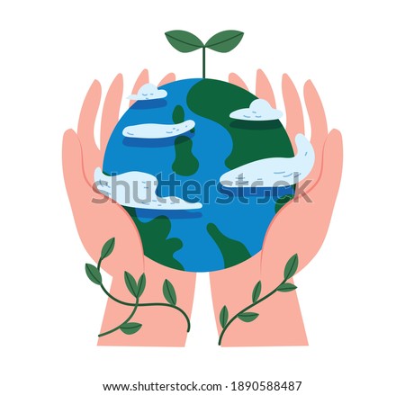 A huge hand holding the earth. Vector illustration of concept icons about environmental protection and nature conservation.
