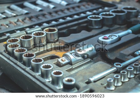 Working tools set car mechanics wrenches: Ring wrench, screwdriver, hex wrench set And other tools. Selective focus