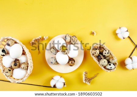Easter flat lay composition  with cotton flowers and easter eggs in a small basket on yellow background. Happy Easter holiday, copy space.