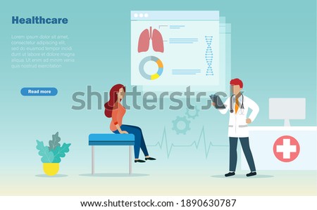 Doctor diagnosis patient woman at hospital room with virtual anatomy and graph chart. Idea for medical and healthcare concept.