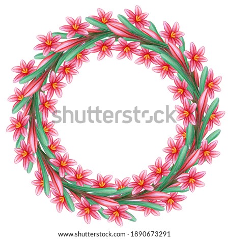 Lush floral wreath with place for text. Hand drawn watercolor painting. Isolated illustration on a white background. Bright garland of crocuses, first flowers.