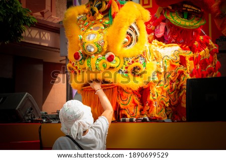 People give money through lion mouth for lucky, wealthy and happiness in Chinese New Year Festival at Chinatown, Yaowarat.
Traditional lion dance parade at shrine.