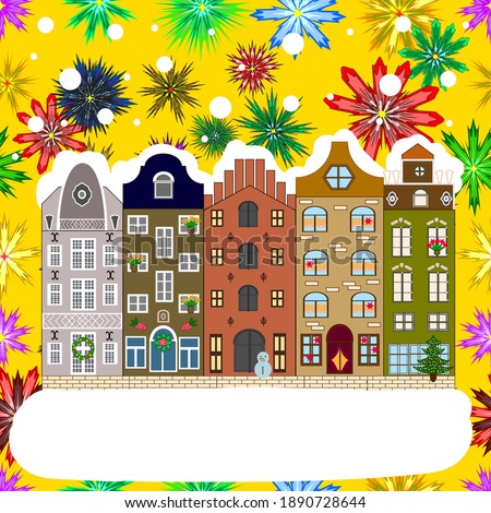 Evening city winter landscape with snow cove yellow, brown and white houses and christmas tree. Holidays Vector illustration.