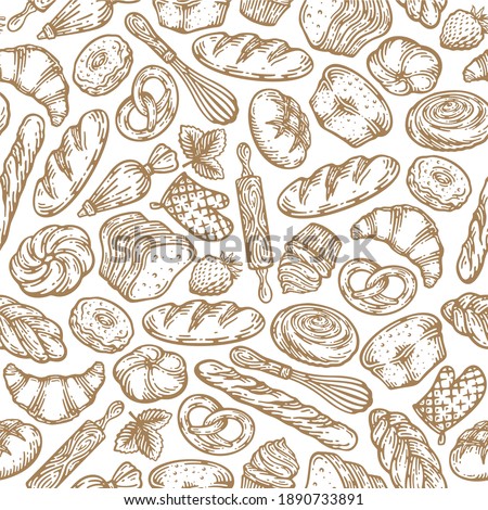 Hand drawn seamless pattern of bread and bakery products. Baked goods background. Vector illustration. Royalty-Free Stock Photo #1890733891