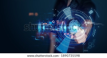 The man gains access to the personal information of the holograms with fingerprint identification. Modern technologies, cloud data storage Royalty-Free Stock Photo #1890735598