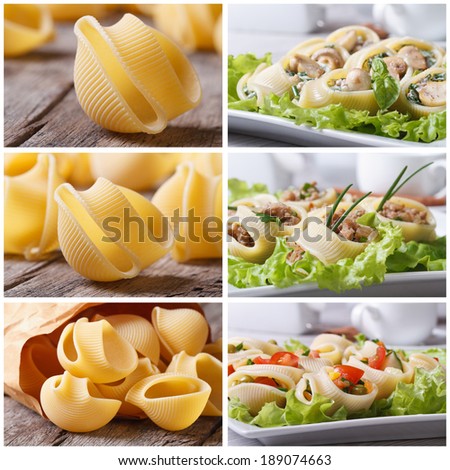 Set of photo Italian pasta lumakoni stuffed and dry closeup  