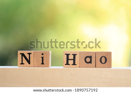 Chinese word on wooden block with green and light nature bokeh as background. Ni Hao mean Hello for education