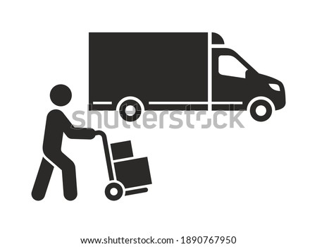 Delivery truck icon. Delivery guy pushing a hand truck with boxes. Vector icon isolated on white background.
