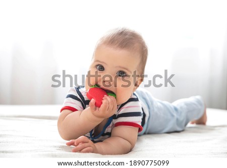 baby is nibble a rubber toy because the child’s teeth are being cut Royalty-Free Stock Photo #1890775099