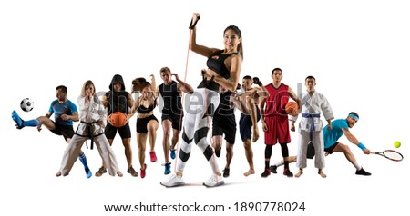 Sport collage. Fitness, tennis, soccer, taekwon-do, karate, MMA, basketball. Sports banner  Royalty-Free Stock Photo #1890778024