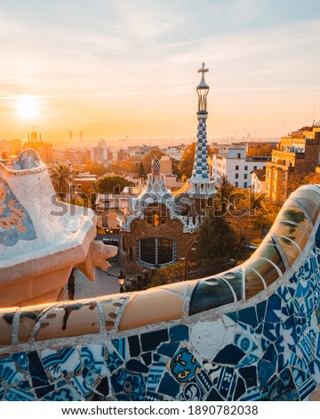 Barcelona at sunrise viewed from park Guell, Barcelona Royalty-Free Stock Photo #1890782038