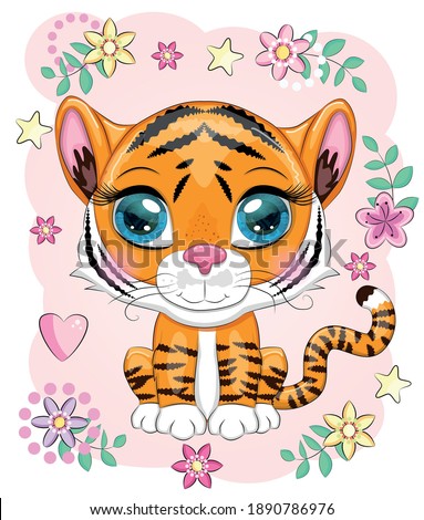 Cute cartoon tiger with beautiful eyes, bright, orange among flowers, hearts, greeting card.