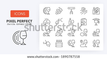 Wine and wine pairing thin line icon set. Outline symbol collection. Editable vector stroke. 256x256 Pixel Perfect scalable to 128px, 64px... Royalty-Free Stock Photo #1890787558