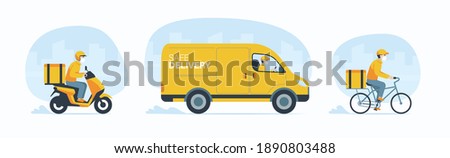 Delivery man wear face mask for Covid-19 protection, Online delivery vehicle set, Food order app. E-commerce concept Royalty-Free Stock Photo #1890803488