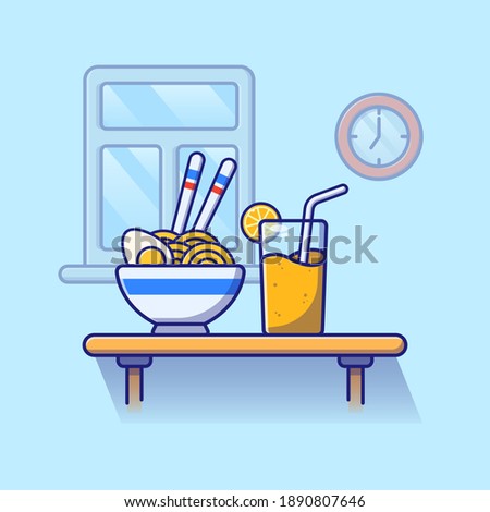 A Bowl of Noodles and Boiled Egg and Orange Juice for Eat, Meal, Breakfast or Lunch. Foods and Drinks Icon. Flat Cartoon Vector Illustration Isolated.