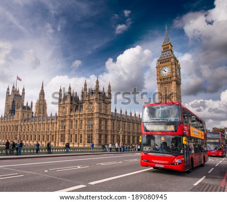 London. Classic Red Double Decker Buses on Westminster Bridge. Royalty-Free Stock Photo #189080945