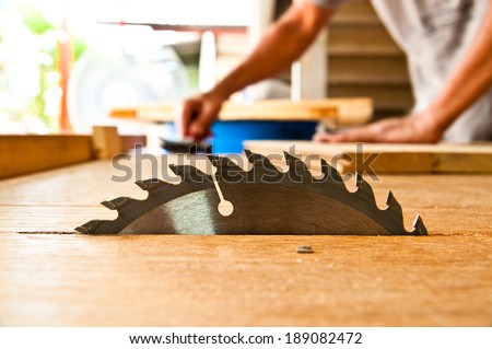 Machine Electronic Table Saw, Sharp Cut Metal Steel Silver in Carpentry Wood Work. Royalty-Free Stock Photo #189082472