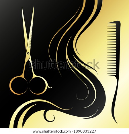 Design for beauty salon and stylist hairstyles banner. Gold scissors comb and hair curls