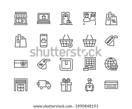 Online store flat line icon set. Vector illustration included symbols. online shopping, contactless delivery, try clothes, size table, label and purchase returns. Editable strokes. Royalty-Free Stock Photo #1890848191