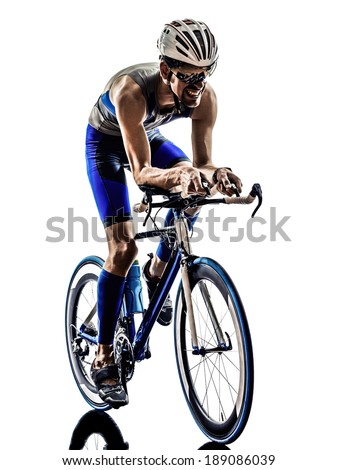 man triathlon iron man athlete bikers cyclists bicycling biking  in silhouettes on white background
