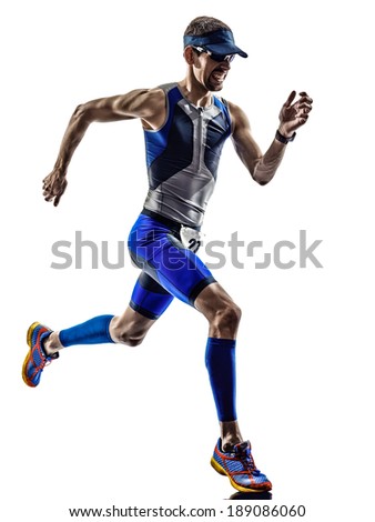 man triathlon iron man athlete runners running in silhouettes on white background