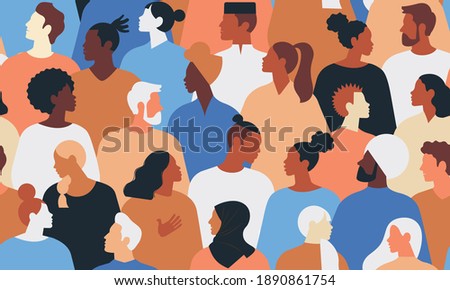Crowd of young and elderly men and women in trendy hipster clothes. Diverse group of stylish people standing together. Society or population, social diversity. Flat cartoon vector illustration. Royalty-Free Stock Photo #1890861754
