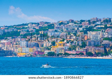 Mediterranean landscape. Sea view of the Gulf of Naples. Cityscape of Naples, view of Mergellina district. The province of Campania. Italy. Royalty-Free Stock Photo #1890866827