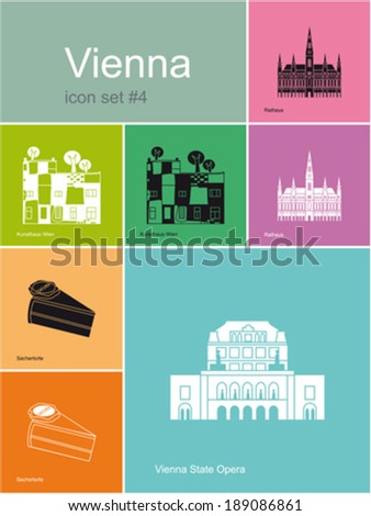 Landmarks of Vienna. Set of flat color icons in Metro style. Editable vector illustration.