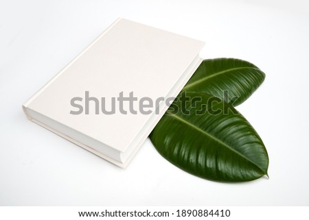 Mock up book blank cover with green foliage leaves isolated on white background