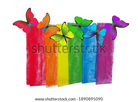 Colors of rainbow. Colorful morpho butterflies and abstract rainbow pattern.