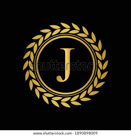Golden Letter J laurel wreath template logo Luxury gold letter with crown. Monogram alphabet . Beautiful royal initials letter.	