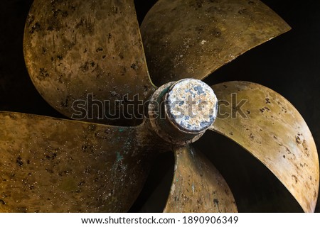 Old ship's bronze propeller, close-up. Marine propeller blades. Royalty-Free Stock Photo #1890906349