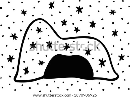 Hand drawn winter bear den in cartoon style. Clipart for children. Black and white doodle woodland theme.