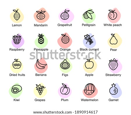 Vector icons of fruits and berries. Flat style with spots of pastel shades. Royalty-Free Stock Photo #1890914617
