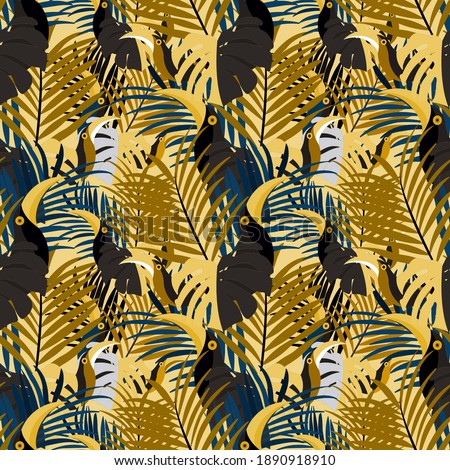 Vector seamless pattern with tropical leaves: palms, monstera, banana. Beautiful allover print with exotic leaves and animals. Swimwear botanical design. Chameleon, toucan. Vector for any purposes