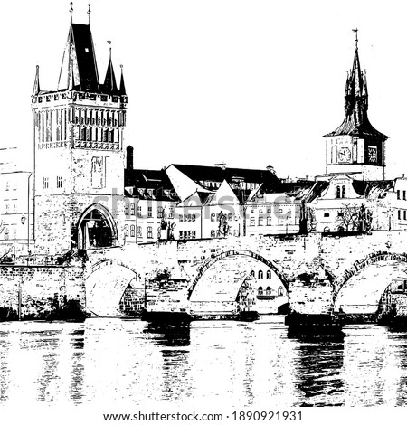 
black and white vector silhouette of Charles Bridge on Vltava river in Prague