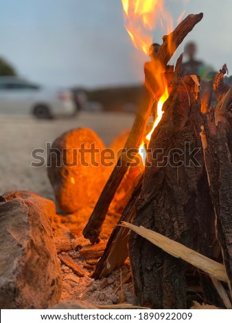 A campfire is lit in nature during camping