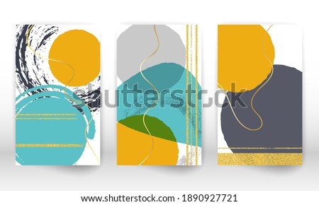 Watercolor effect design cover. Set of abstract hand drawn geometric shapes. Doodle lines, golden particles. Abstract watercolor shape. Gold lines, color shapes.