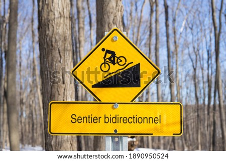 A yellow rhomb sign in the forest for cyclists. Translation: "Two-way road".